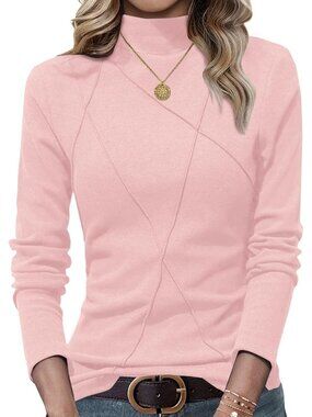 Women's Baby Pink Mock Turtleneck Long Sleeve Stitching Layering Fit Tunic Top